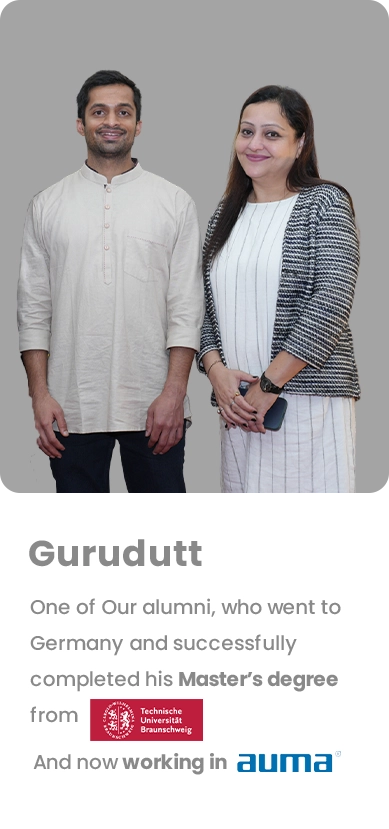 Portrait of a man and a woman standing side by side against a gray background; part of an alumni feature about Gurudutt and his Master’s degree, now at AUMA.