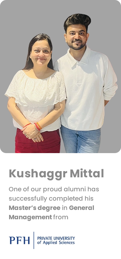 Portrait of Kushaggr Mittal (alumnus) standing with a man, smiling; PFH alumni feature announcing his Master’s in General Management.