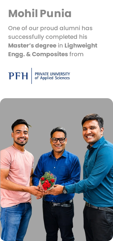 Mohil Punia—alumnus who earned a Master’s in Lightweight Engg. & Composites from PFH; three men pose with a bouquet against a gray backdrop.