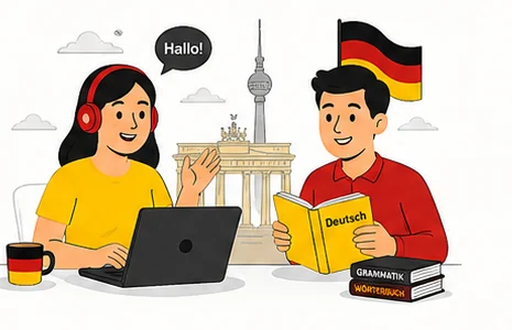 Students learning German online with Brandenburg Gate illustration