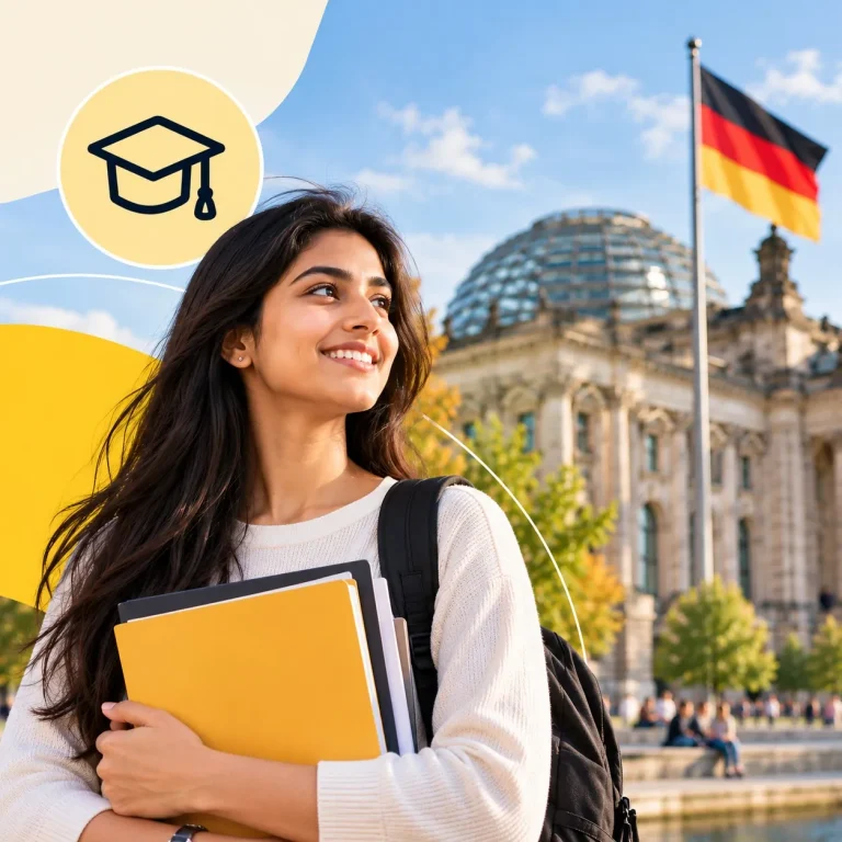 Bachelor’s in Germany – student with books in front of the Reichstag