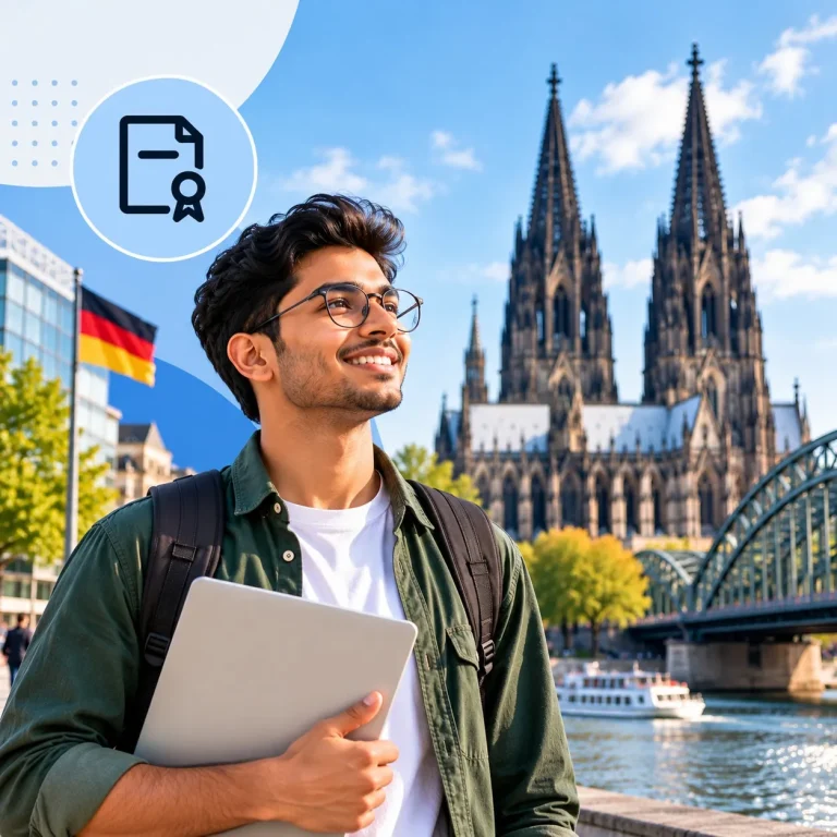MS in Germany | YES Germany | YES Germany MS in Germany – student with a laptop near Cologne Cathedral