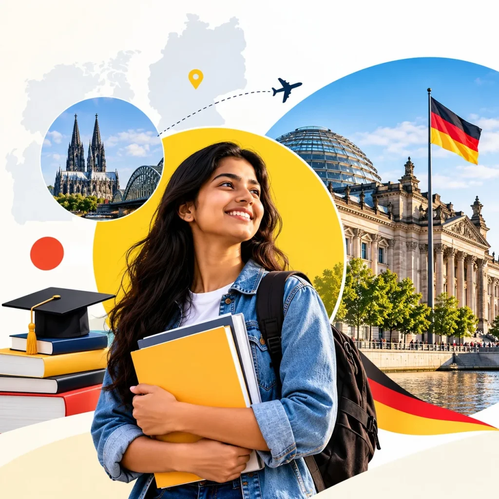 Student from Madurai holding books in front of German landmarks and the German flag