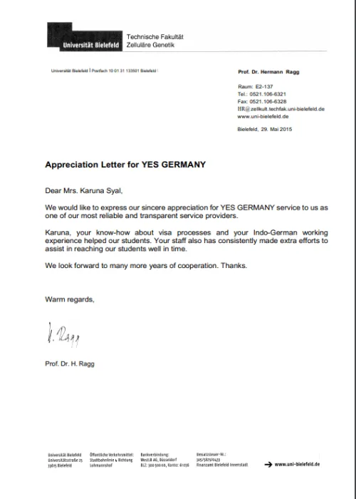 appreciation letter for yes germany to karuna syal