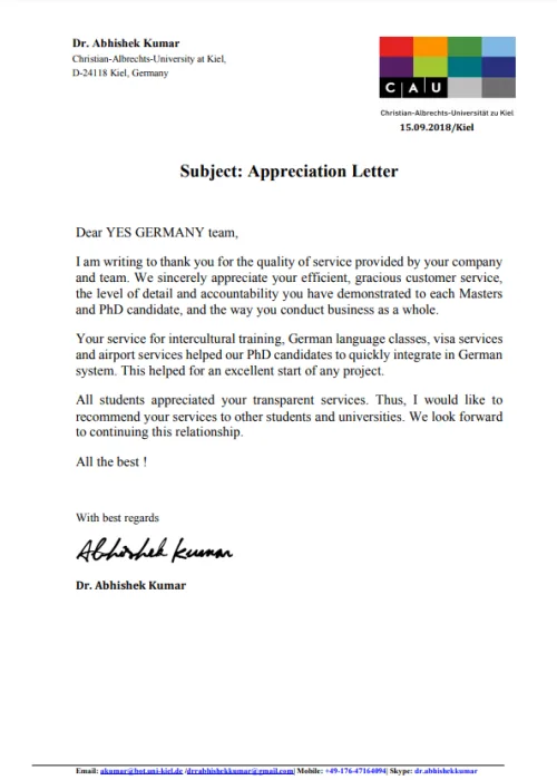 appreciation letter for yes germany