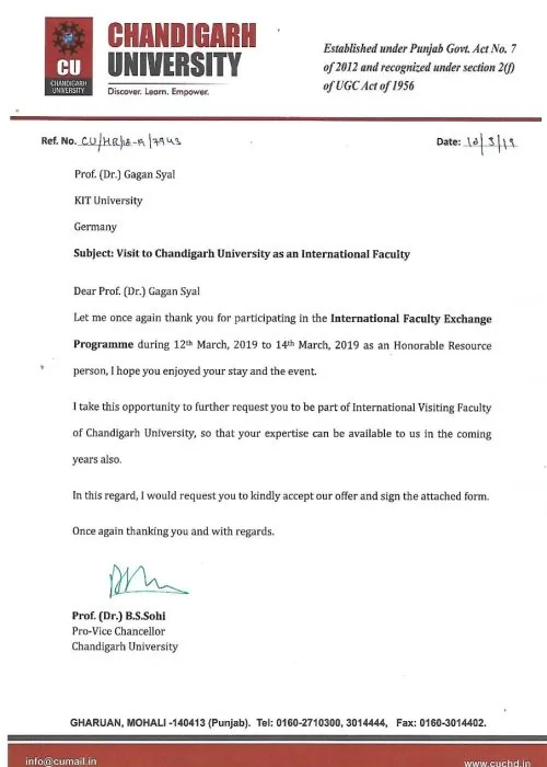 appreciation letter by Chandigarh university to yes germany